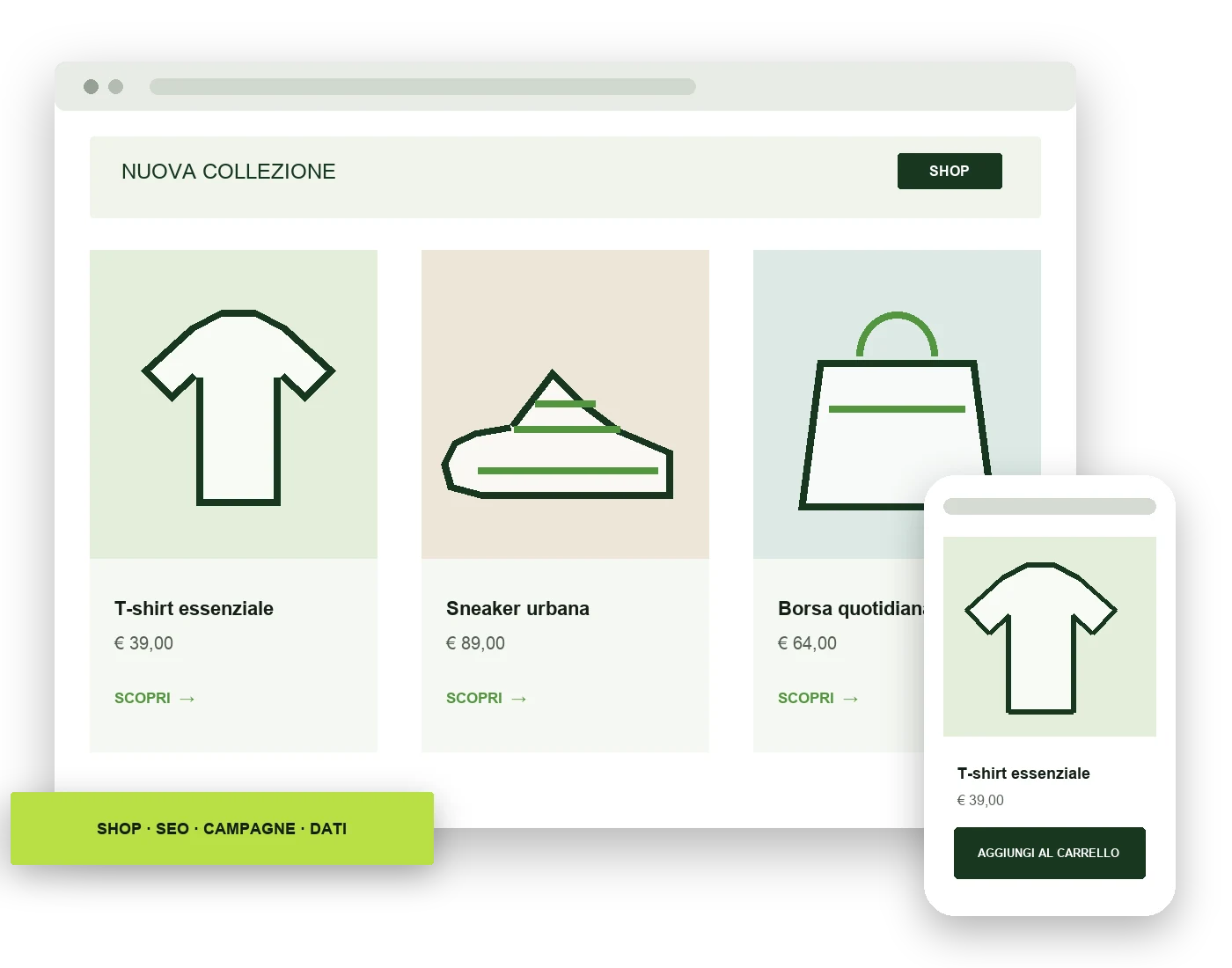Mockup illustrato di un e-commerce con prodotti, prezzi e vista mobile